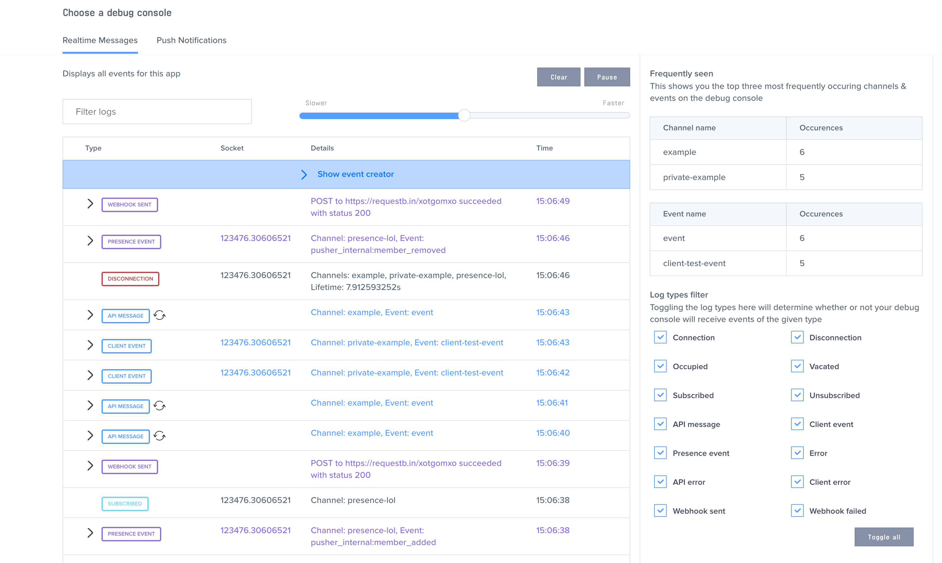 A screenshot of the debug console within the Pusher dashboard